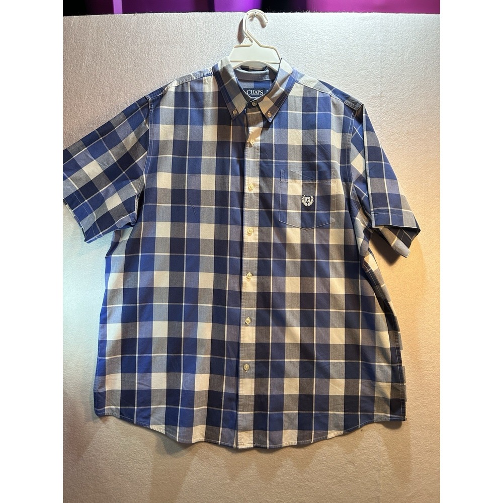 Chaps Men's XL Regular Blue/White/Gray Plaid Short‎ Sleeve Easy Care Button-Down